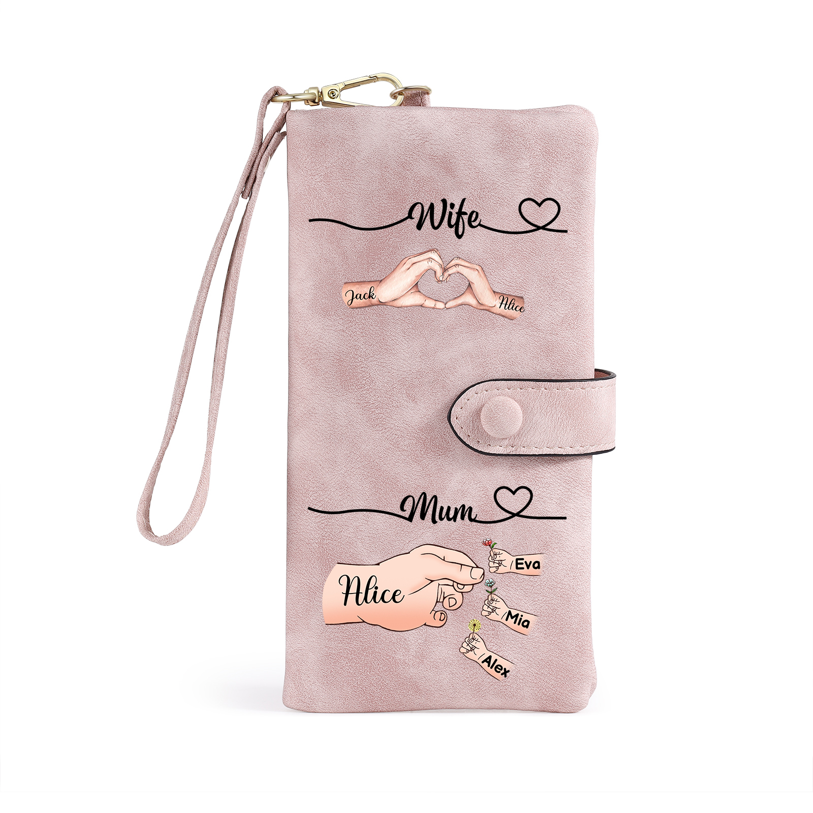 Personalised Hand Heart Women Wallet Customise 1-8 Kids Names Custom Gift for Wife Mum | Jessemade