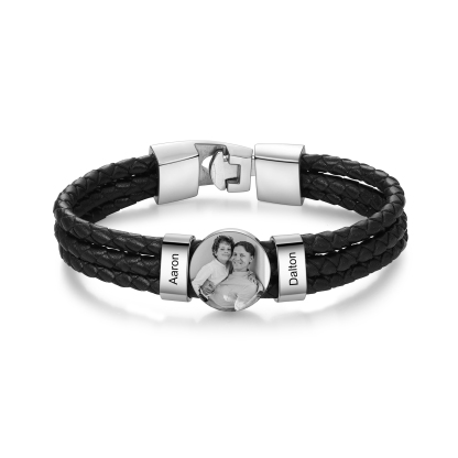 Personalised Men's Leather Bracelet Custom 2 Names & 1 Photo Braided Bracelet Father's Day Gifts for Him-Jessemade AU