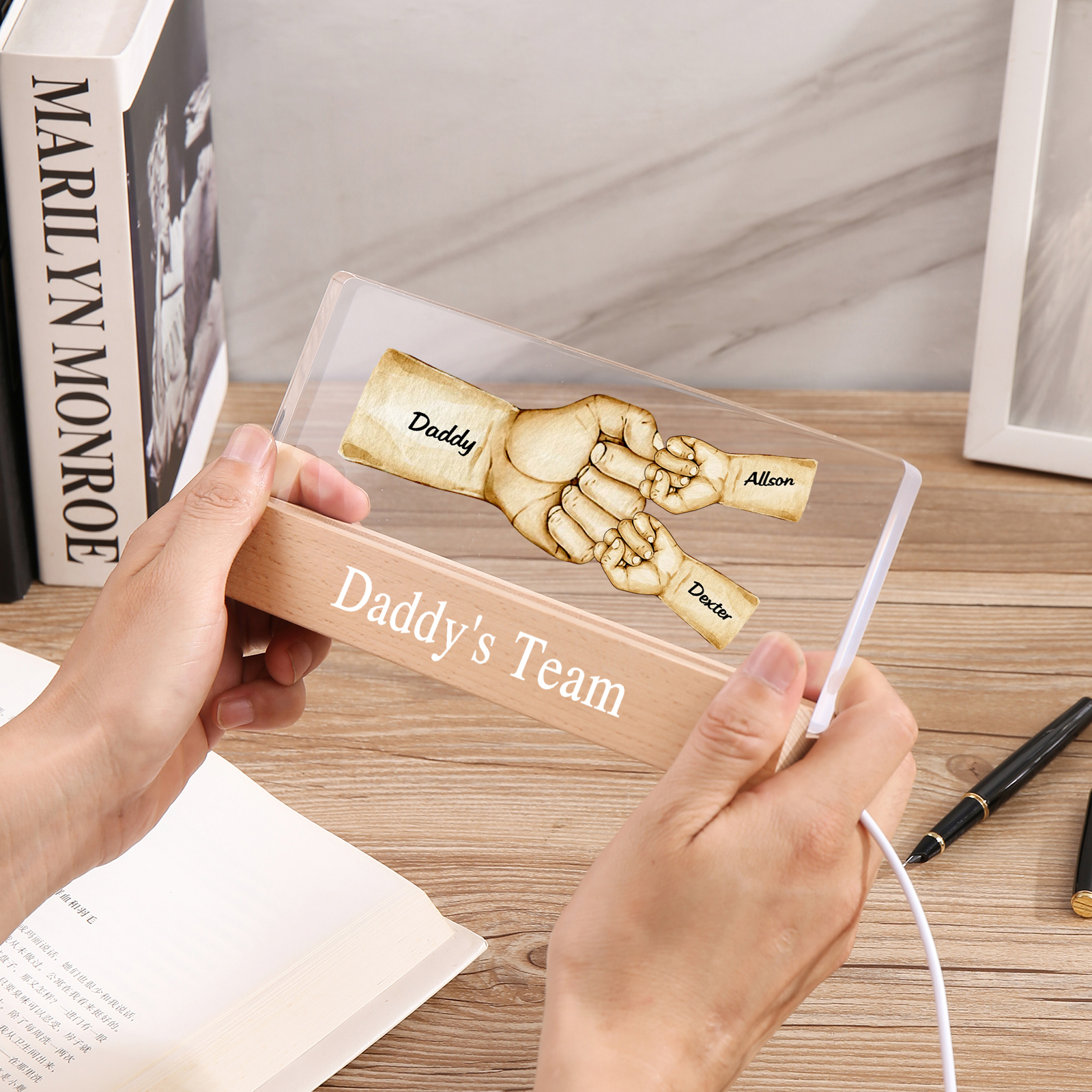 3 Names -  Personalised Name & Text Acrylic Night Light Custom Fist Bump LED Lamp Fathers Day Gifts-Jessemade AU