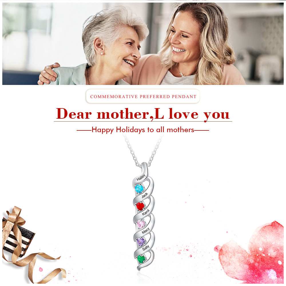 Personalised Birthstone Necklace Bracelet Set Cascading Pendant Heart Bangle Custom with 5 Birthstones 5 Names Christmas Gift-Jessemade AU