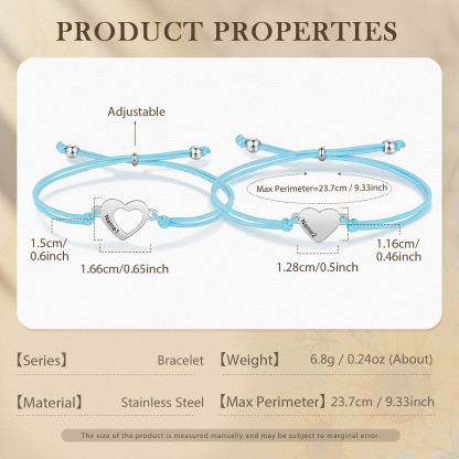 2 Pcs Heart Bracelet Set Custom 2 Names Adjustable Bracelets Back to School Gift for Daughter Granddaughter-Jessemade AU