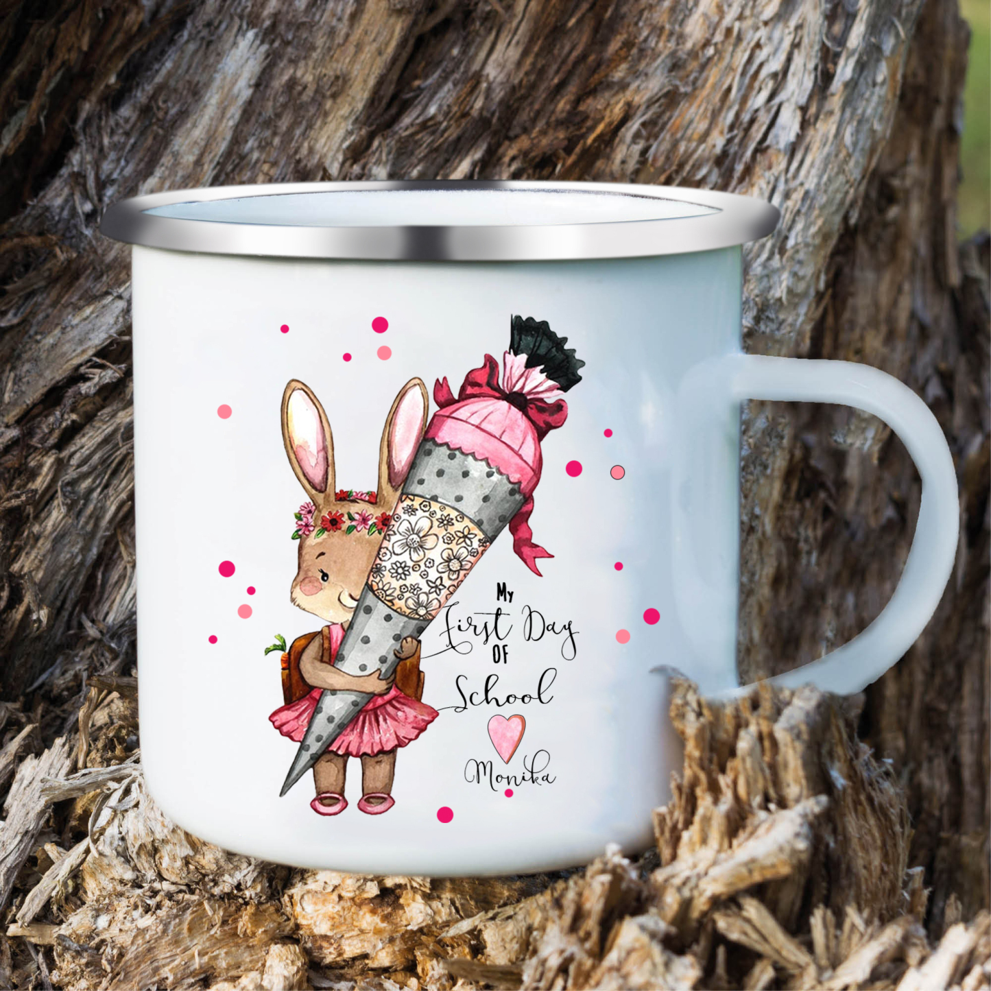 Personalised Enamel Mug Custom 1 Name Bunny Cup Back to School Gift for Girls - My First Day Of School-Jessemade AU
