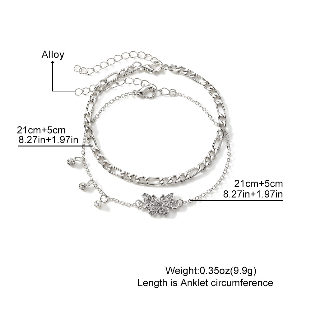 Silver Butterfly Charm Anklet Set with Rhinestones Double-Layer Adjustable Anklet