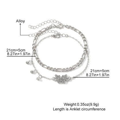 Silver Butterfly Charm Anklet Set with Rhinestones Double-Layer Adjustable Anklet-Jessemade AU