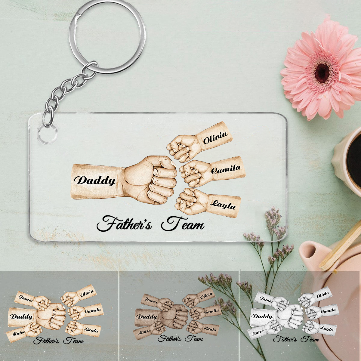 4 Names - Personalised Text & Name Acrylic Keychain Fist Bump Fathers Day Gifts for Dad/Grandpa-Jessemade AU