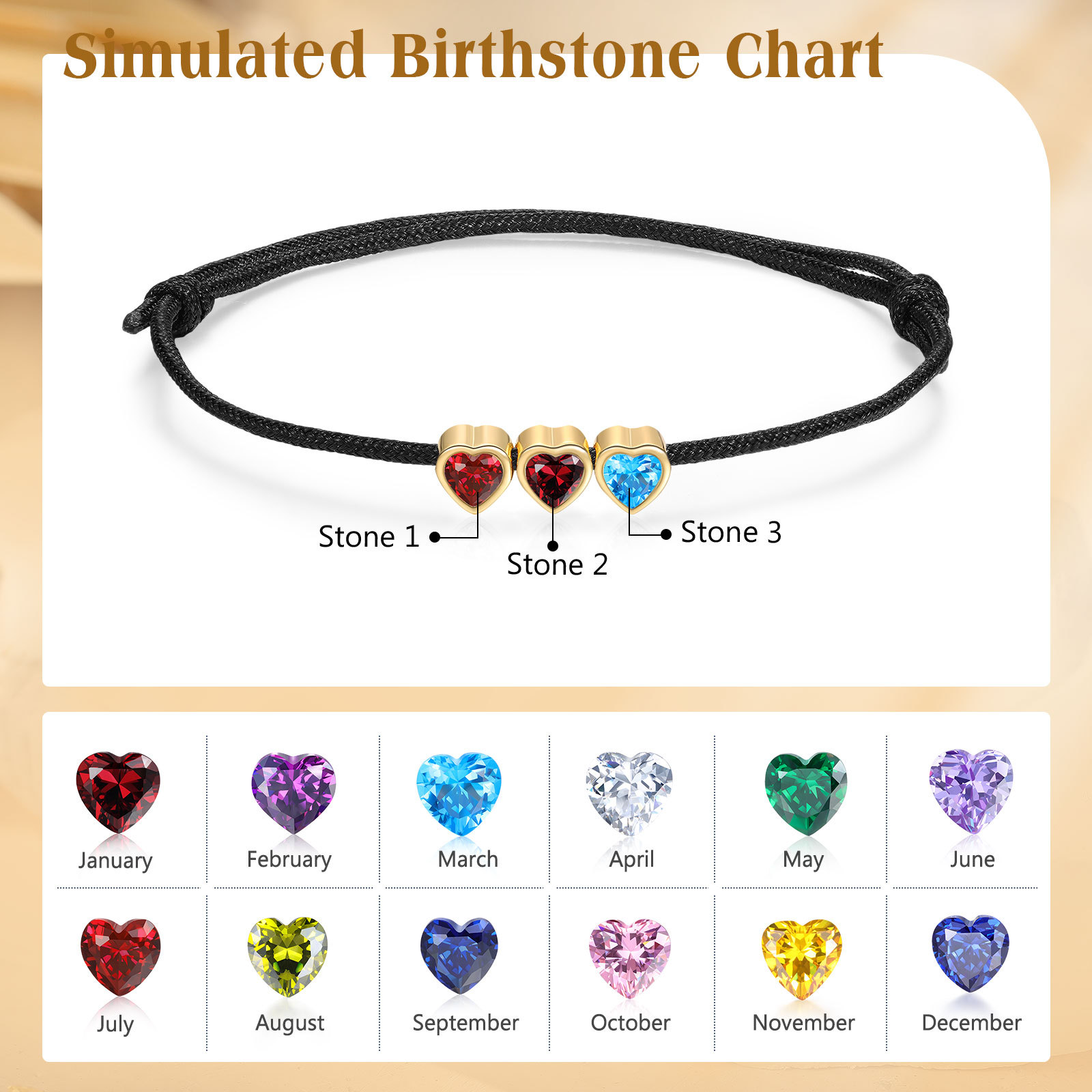 Personalised 2-5 Heart Birthstones Adjustable Rope Bracelet