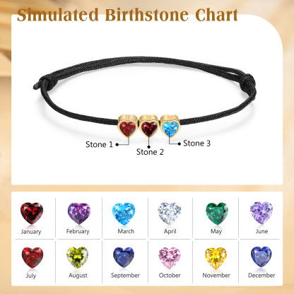 Personalised 2-5 Heart Birthstones Adjustable Rope Bracelet