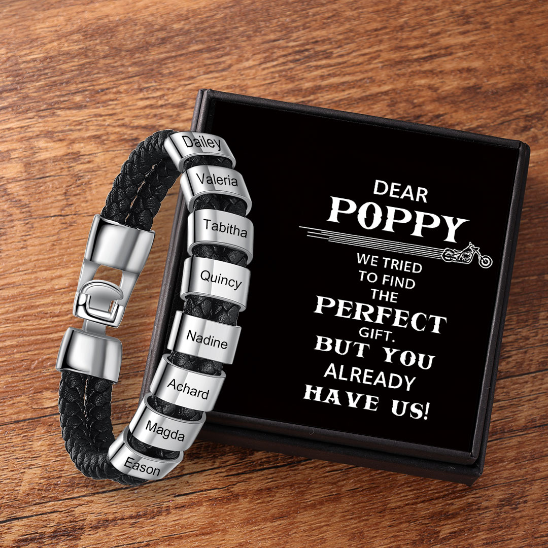 Personalised Braided Leather Bracelet Engraved 8 Names Men's Bracelet Gifts for Poppy-Jessemade AU
