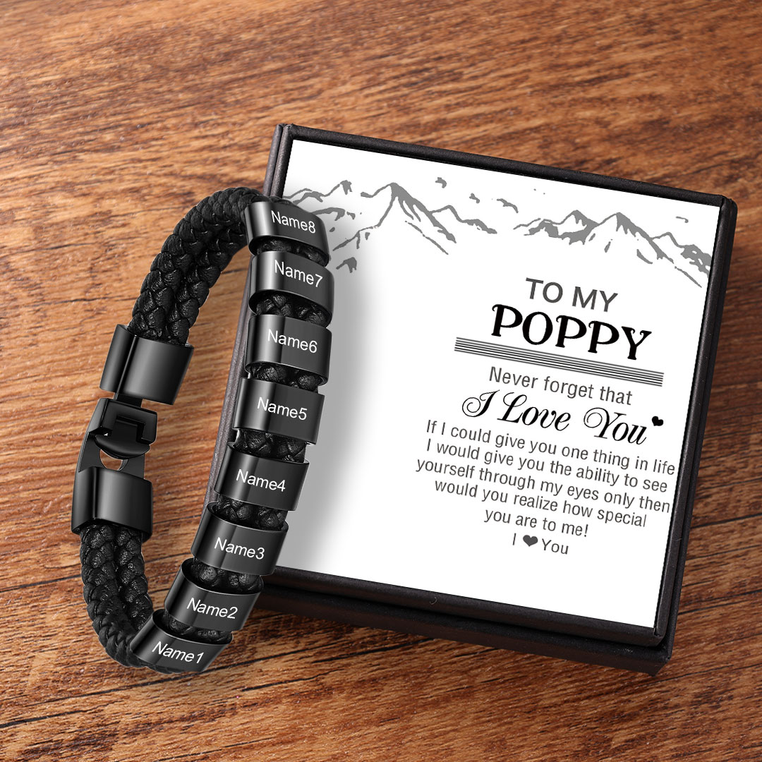 Personalised Braided Leather Bracelet Engraved 8 Names Men's Bracelet Gifts for Poppy-Jessemade AU