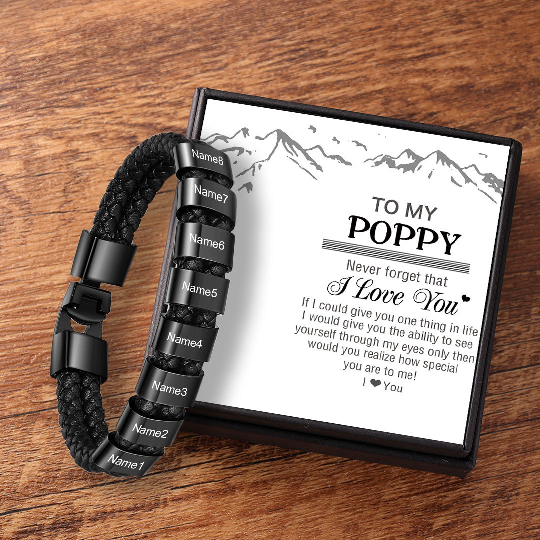 Personalised Braided Leather Bracelet Engraved 8 Names Men's Bracelet Gifts for Poppy-Jessemade AU
