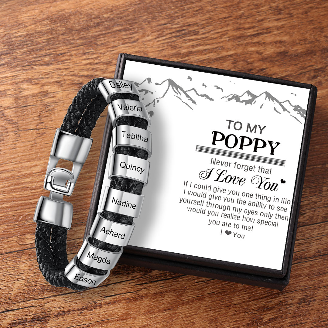 Personalised Braided Leather Bracelet Engraved 8 Names Men's Bracelet Gifts for Poppy-Jessemade AU