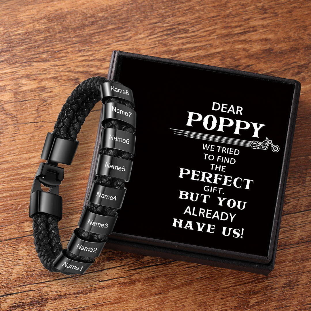 Personalised Braided Leather Bracelet Engraved 8 Names Men's Bracelet Gifts for Poppy-Jessemade AU