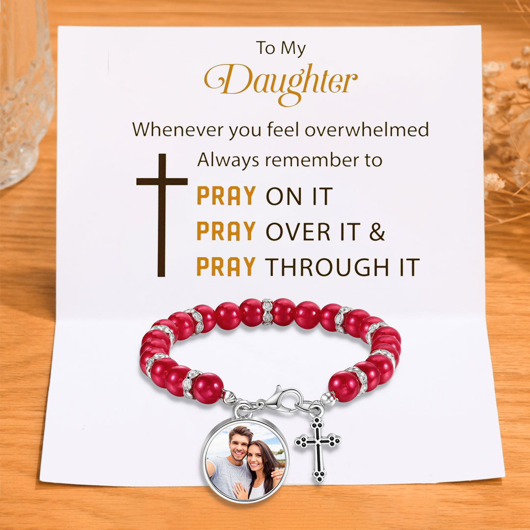 To My Daughter Personalised Rosary Memorial Bracelet Custom with Photo and Cross Pendant