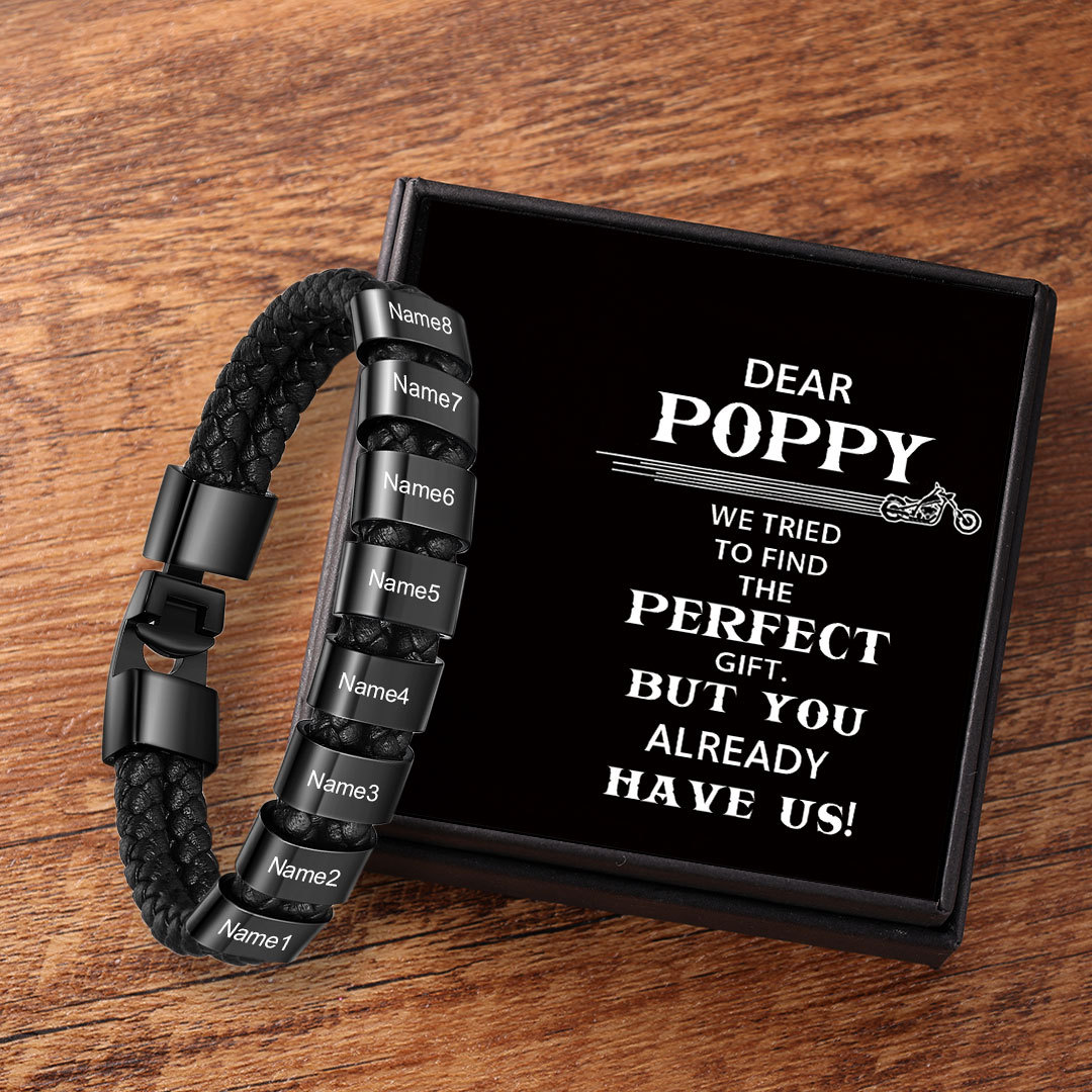 Personalised Braided Leather Bracelet Engraved 8 Names Men's Bracelet Gifts for Poppy-Jessemade AU