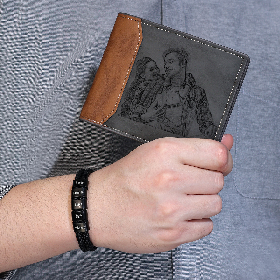 Personalised 1 Photo & 1 Letter & 6 Names Gift Set Custom Wallet & Bracelet Gift Box Set Christmas Gifts