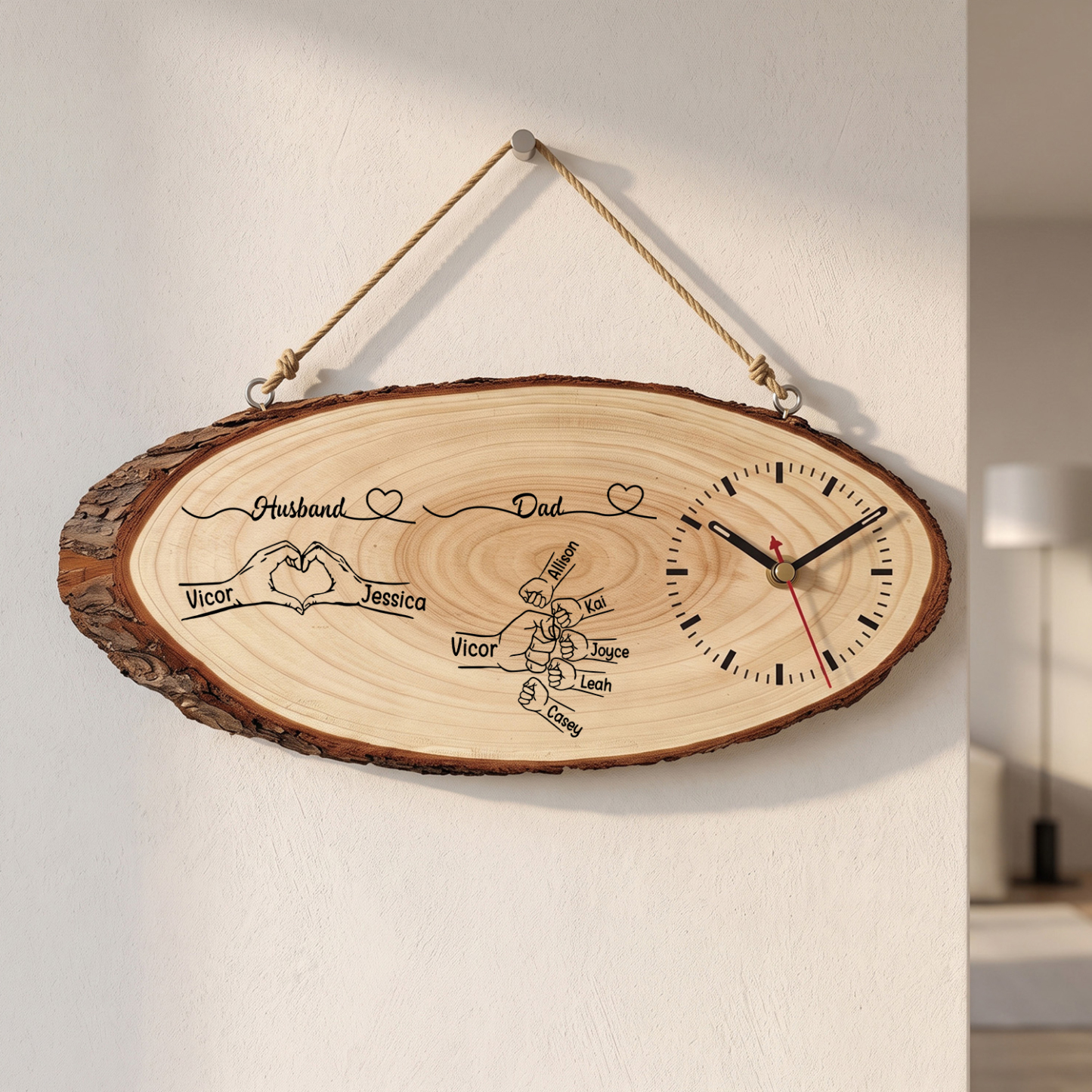 Personalised Wooden Clock with 1 to 8 Children’s Names and Fist Design – Family Gift for Dad or Husband