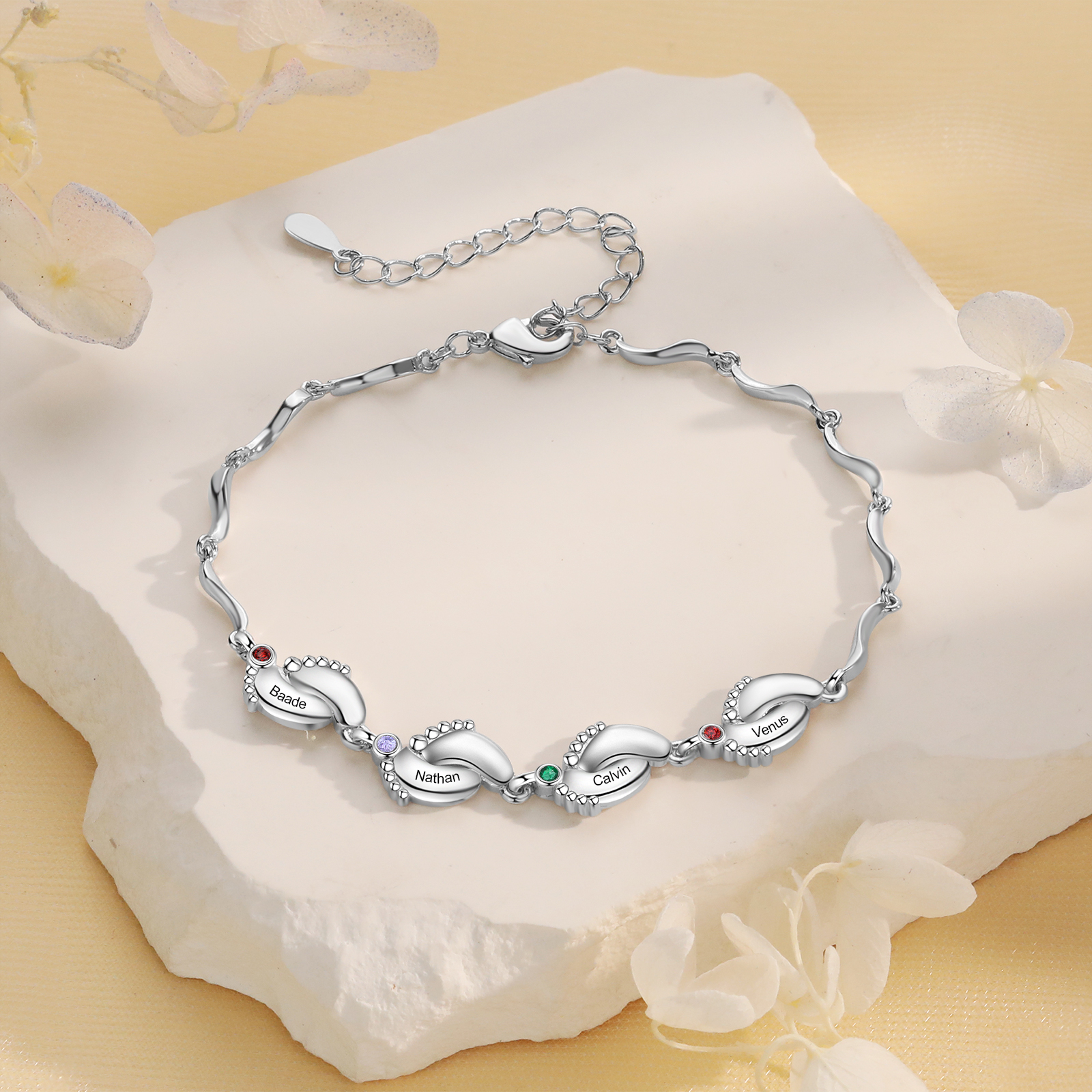 Personalised Baby Feet Bracelet Custom 4 Birthstones & 4 Names Adjustable Bracelet Gift for Her-Jessemade AU