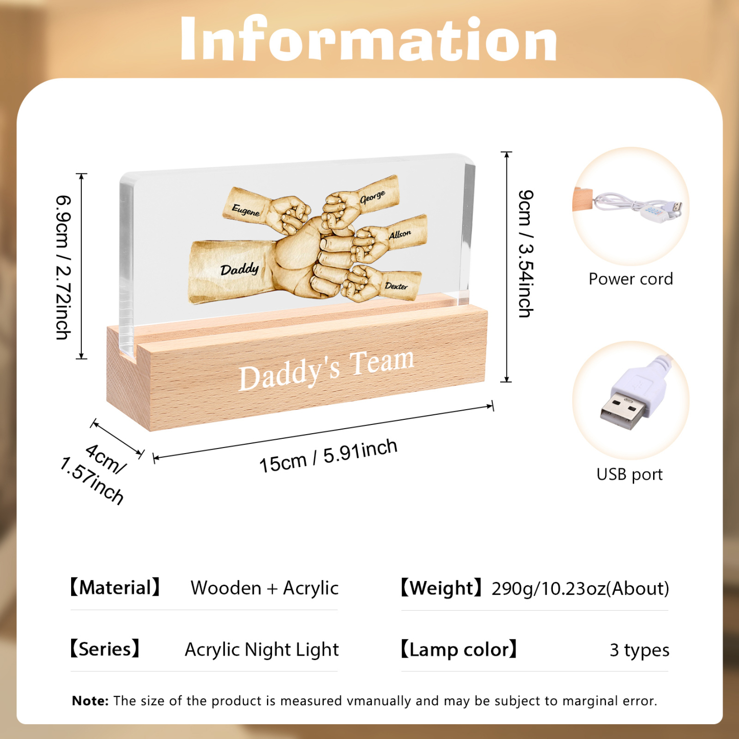 5 Names -  Personalised Name & Text Acrylic Night Light Custom Fist Bump LED Lamp Fathers Day Gifts-Jessemade AU