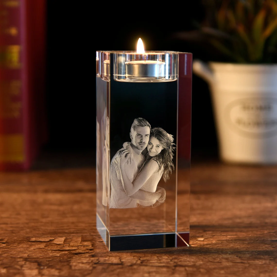 Personalised Crystal Candle Holder Engraved 3D Photo and Text Gift for Couples