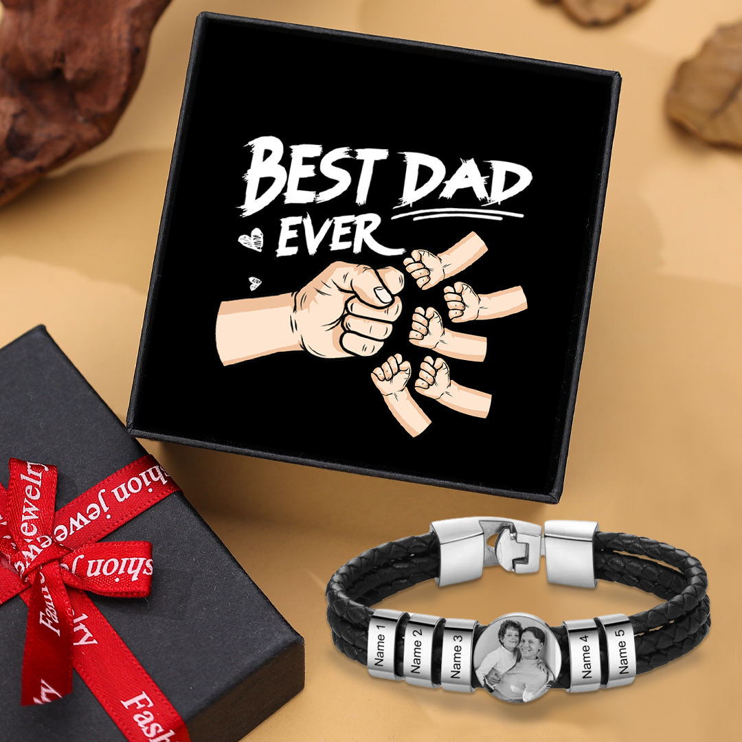 Personalised Men's Leather Bracelet Custom 5 Names & 1 Photo Braided Bracelet Father's Day Gifts for Him-Jessemade AU