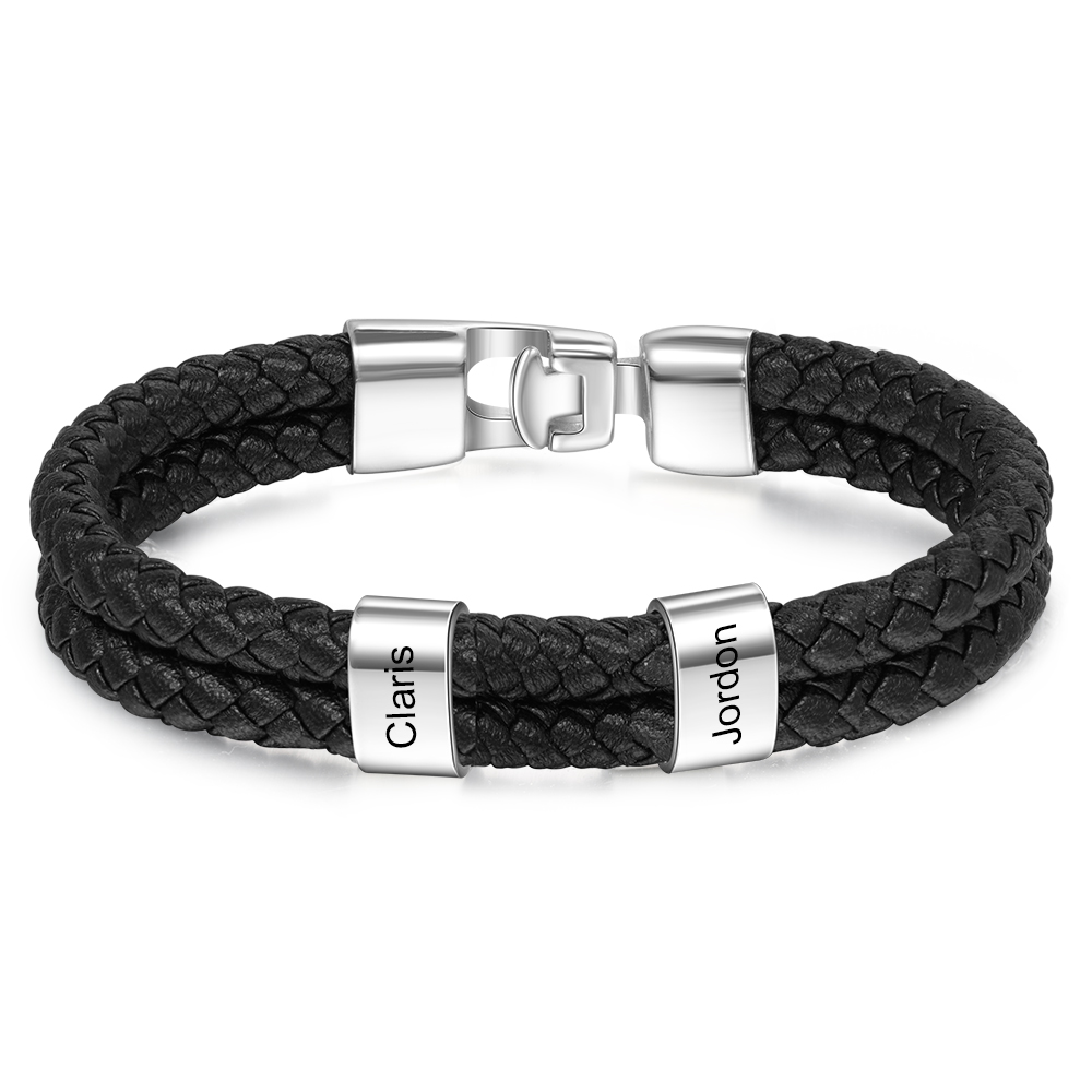 Personalised Braided Leather Mens Bracelet With Custom Engraved 1-6 Kids Names - Father's Day Gift for Dad | Jessemade