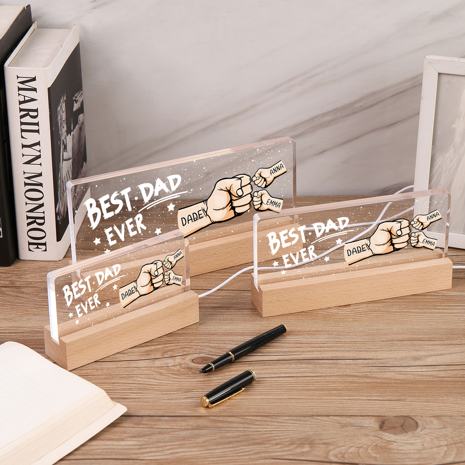 Best Dad Ever - Personalised 3 Names Acrylic Night Light Custom Fist Bump LED Lamp Fathers Day Gifts-Jessemade AU