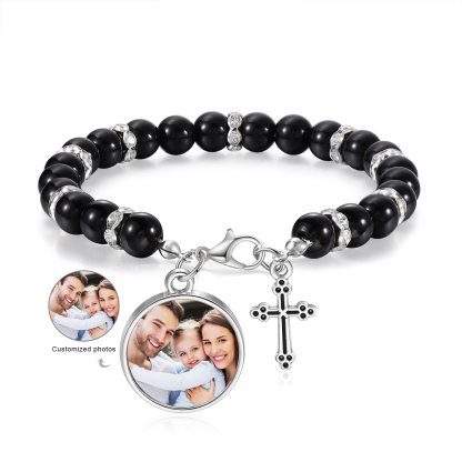 Personalised Rosary Memorial Bracelet Custom with Photo and Cross Pendant