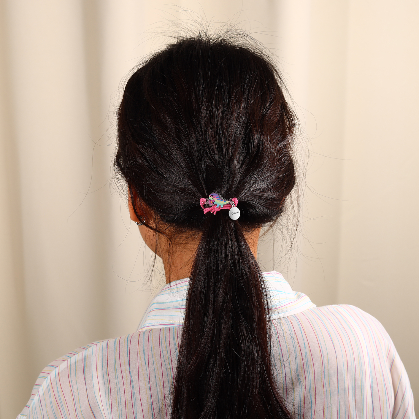 2 Pcs Bracelet Set Custom Names Red Dinosaur Charm Hair Ties Back To School Gift for Girls - My Heart Will Be With You Throughout The Day-Jessemade AU