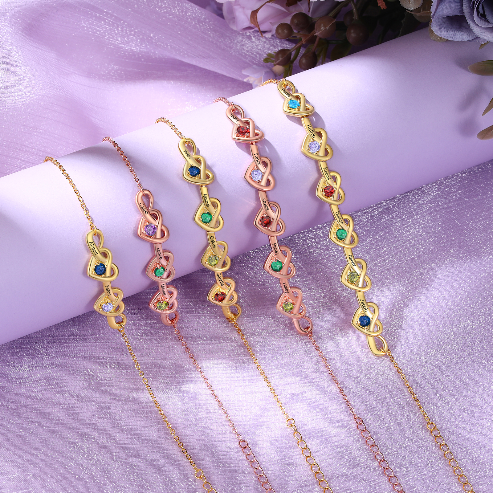 3 Colours Available Personalised Linked Heart Bracelet with 3 Custom Names Birthstones & Text Perfect Birthday Gift for Her