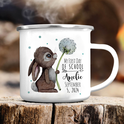 Personalised Enamel Mug Custom Name & Date Bunny Dandelion Cup Back to School Gift for Kids - My First Day Of School-Jessemade AU