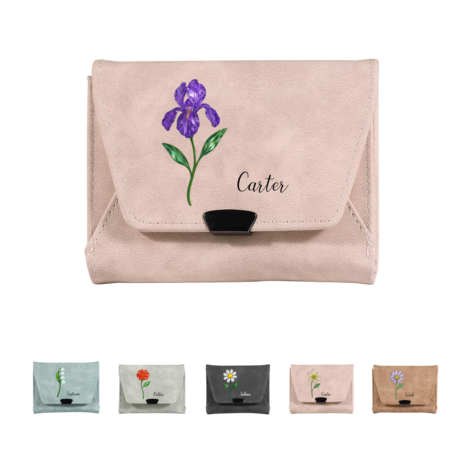 Personalised women’s leather wallet with birth flower and name