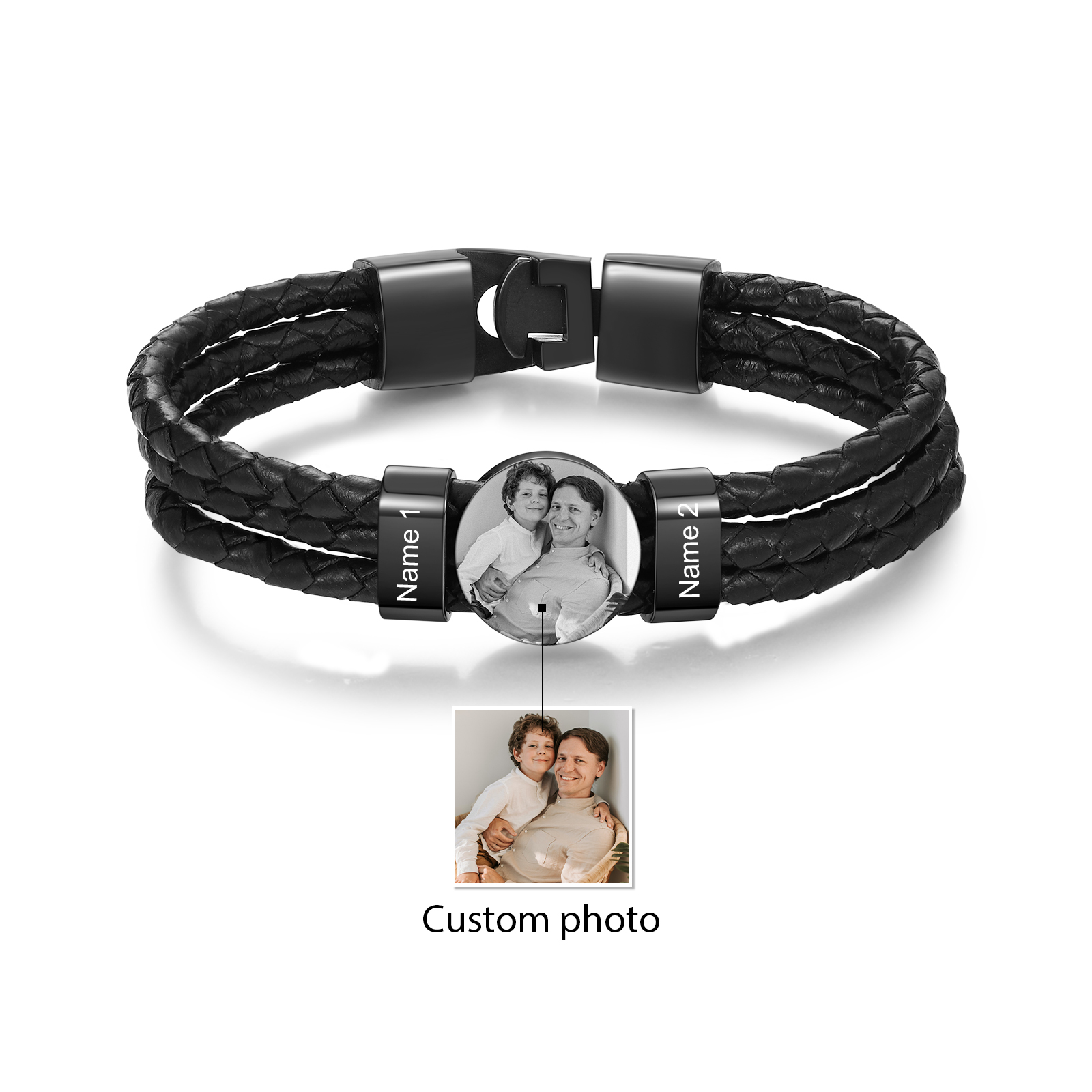 Personalised Men's Leather Bracelet Custom 2 Names & 1 Photo Braided Bracelet Father's Day Gifts for Him-Jessemade AU