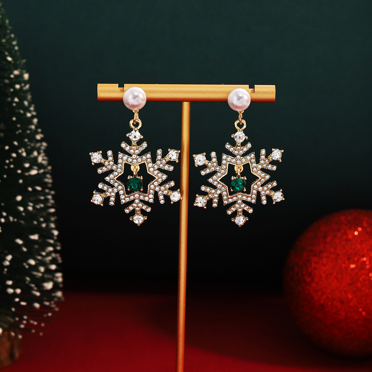 Christmas Snowflake Drop Earrings with Pearl Festive Holiday Gift-Jessemade AU