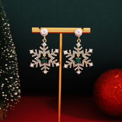 Christmas Snowflake Drop Earrings with Pearl Festive Holiday Gift-Jessemade AU