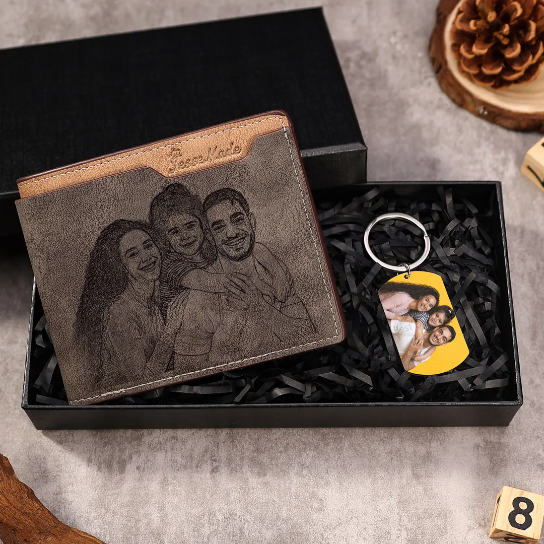 Wallet Gift Set Men Custom with Name Photo Letter Wallet Personalised Photo Keychain Gift for Him