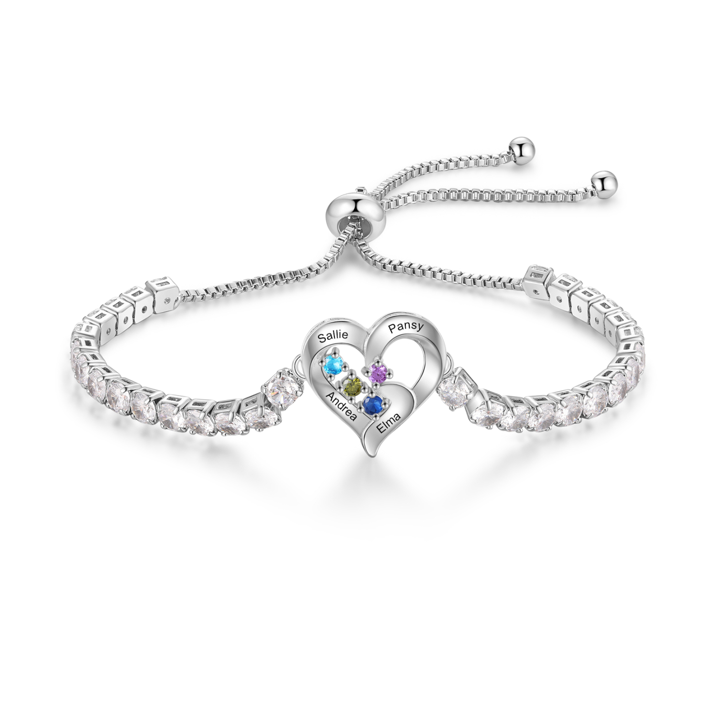 Personalised 2-4 Names Heart Birthstone CZ Bracelet
