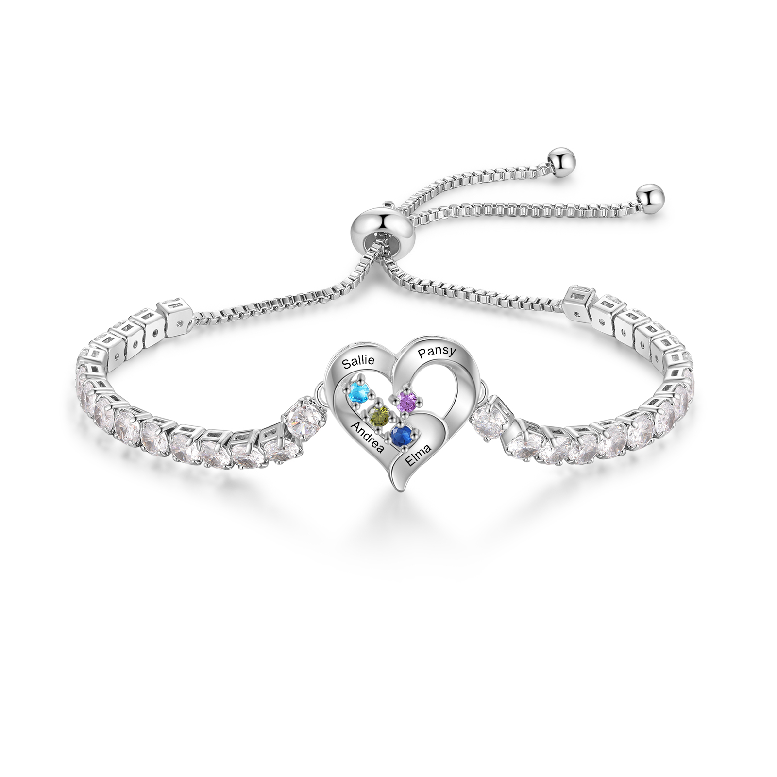 Personalised 2-4 Names Heart Birthstone CZ Bracelet