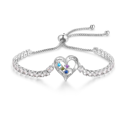 Personalised 2-4 Names Heart Birthstone CZ Bracelet
