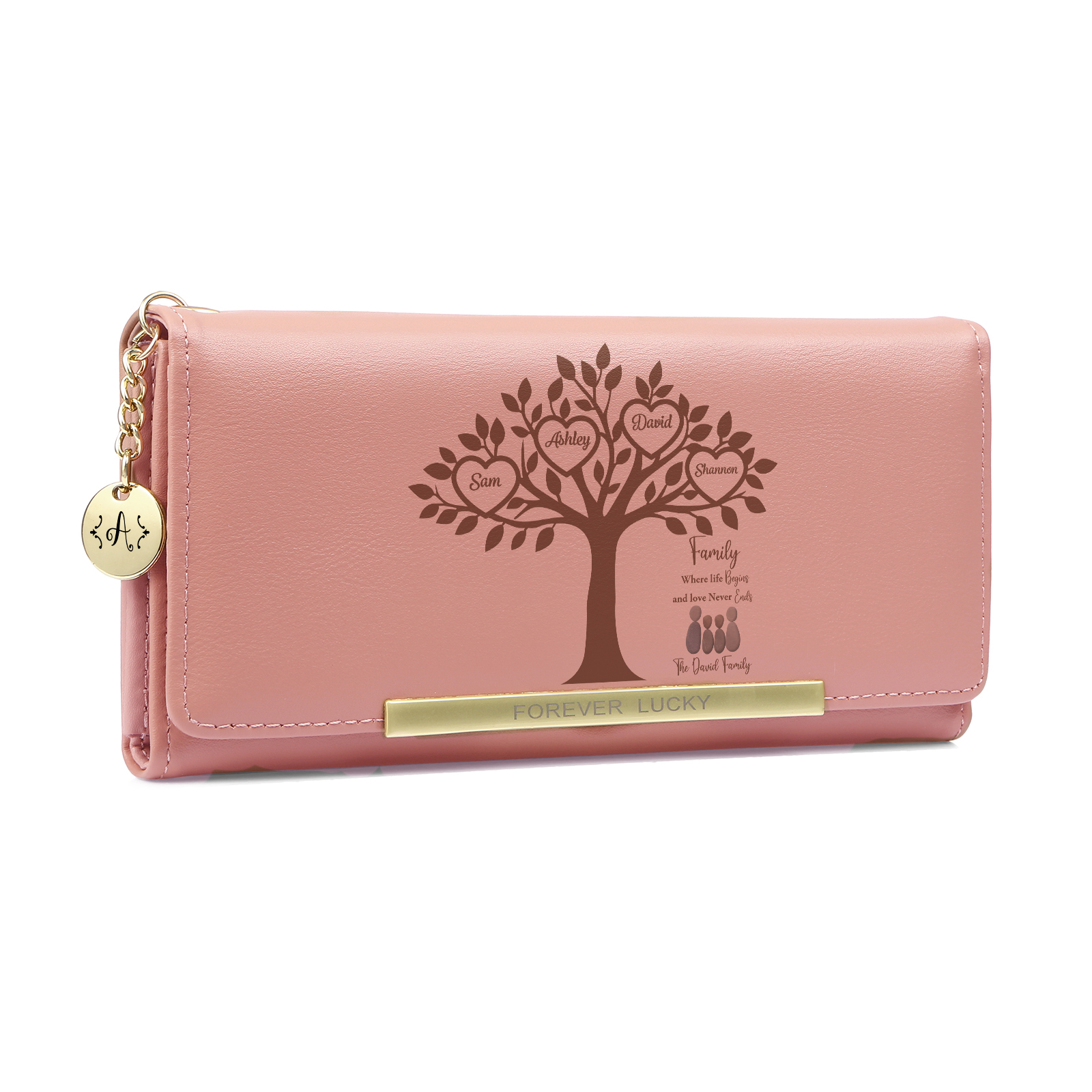 Personalised 2-6 Names Pink Family Tree PU Leather Wallet For Mum