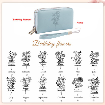 Personalised women's wallet – engraved birth flower and name, double zip, wrist strap