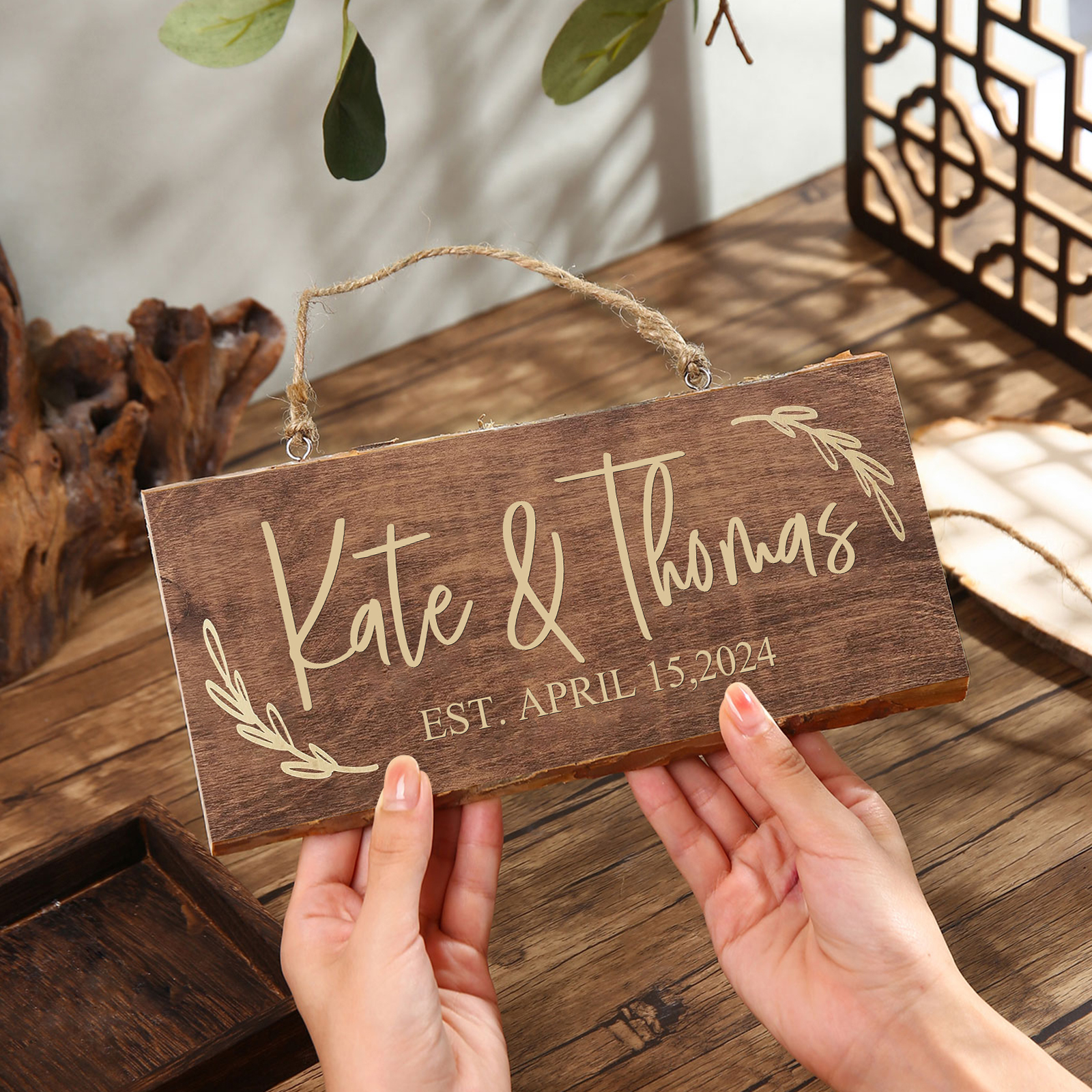 Personalised Text Rectangle Hanging Ornament Custom 2 Names Wooden Sign Home Decor Gifts for Couple-Jessemade AU