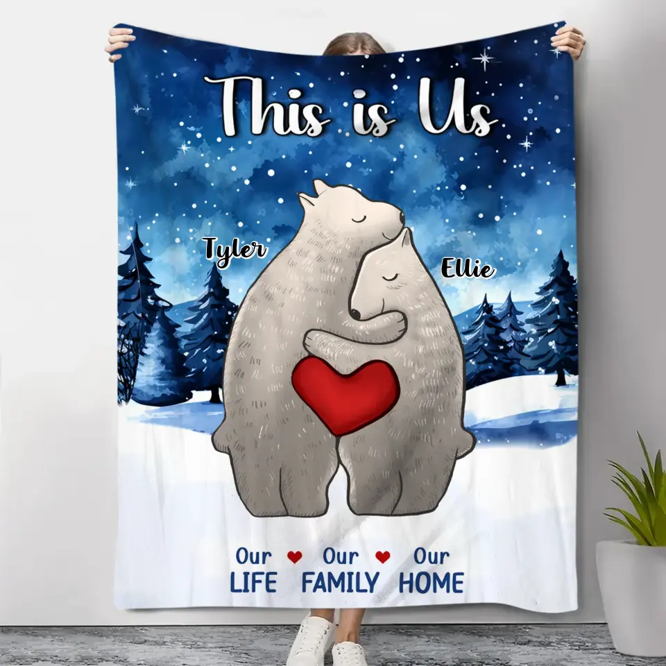 Personalised Polar Bear Family Flannel Blanket Custom 2 Names Gift For Lover