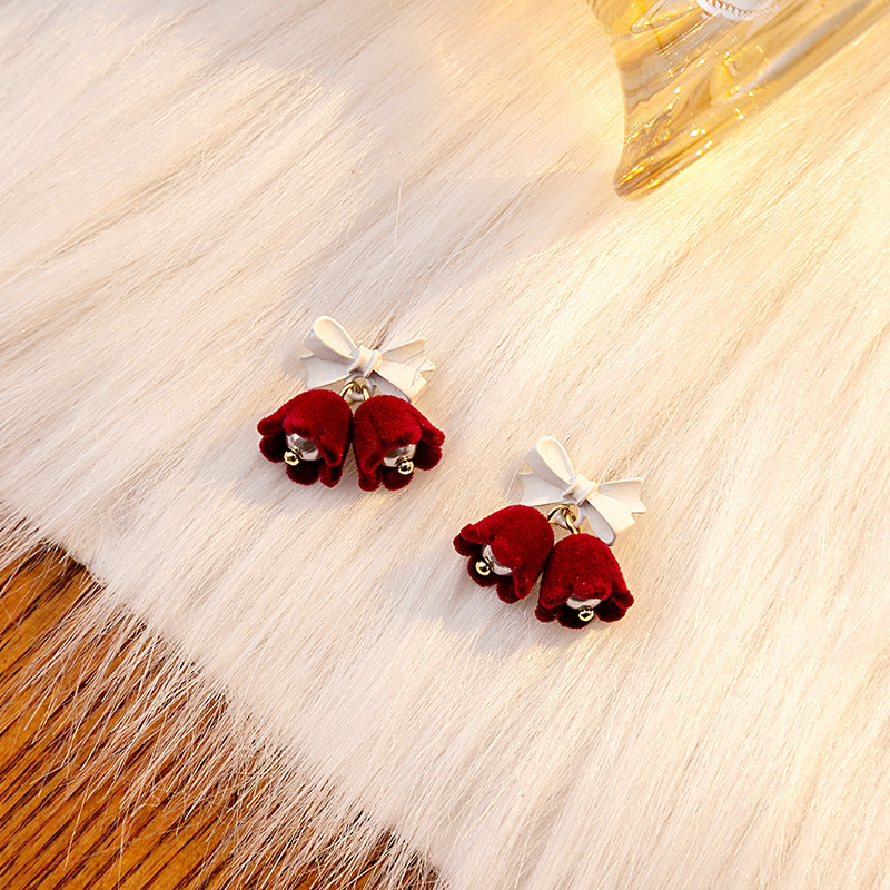 Christmas Bow Bell Drop Earrings Festive Velvet Red Charm-Jessemade AU