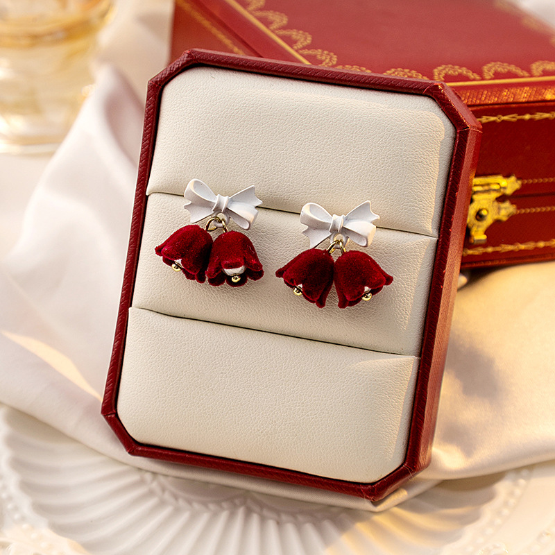 Christmas Bow Bell Drop Earrings Festive Velvet Red Charm