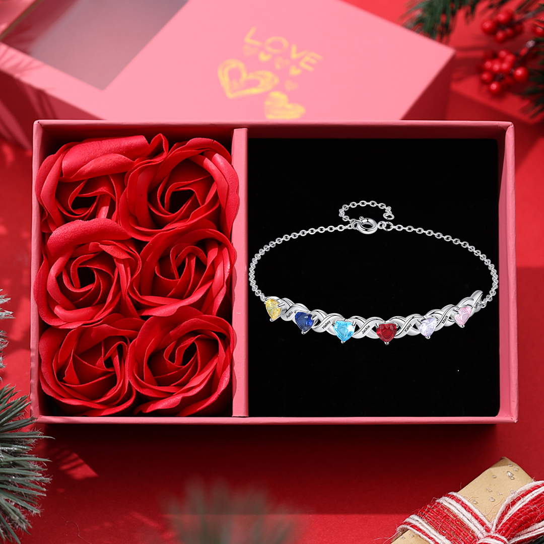 Custom Heart Birthstone Jewelry Set Necklace Bracelet for Family Personalised with 6 Names 6 Birthstones-Jessemade AU