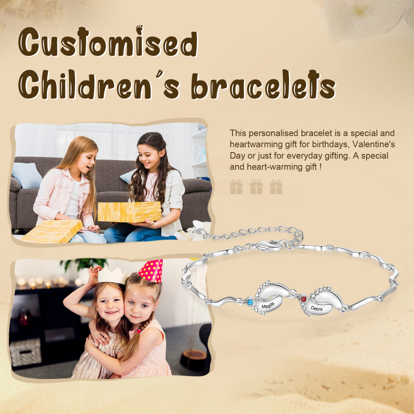 Personalised Baby Feet Bracelet Custom 2 Birthstones & 2 Names Adjustable Bracelet Gift for Her-Jessemade AU