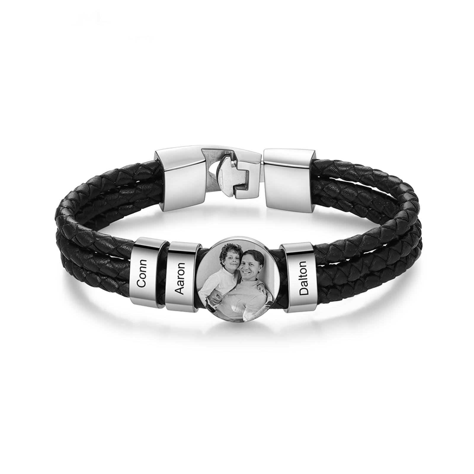 Personalised Men's Leather Bracelet Custom 3 Names & 1 Photo Braided Bracelet Father's Day Gifts for Him-Jessemade AU