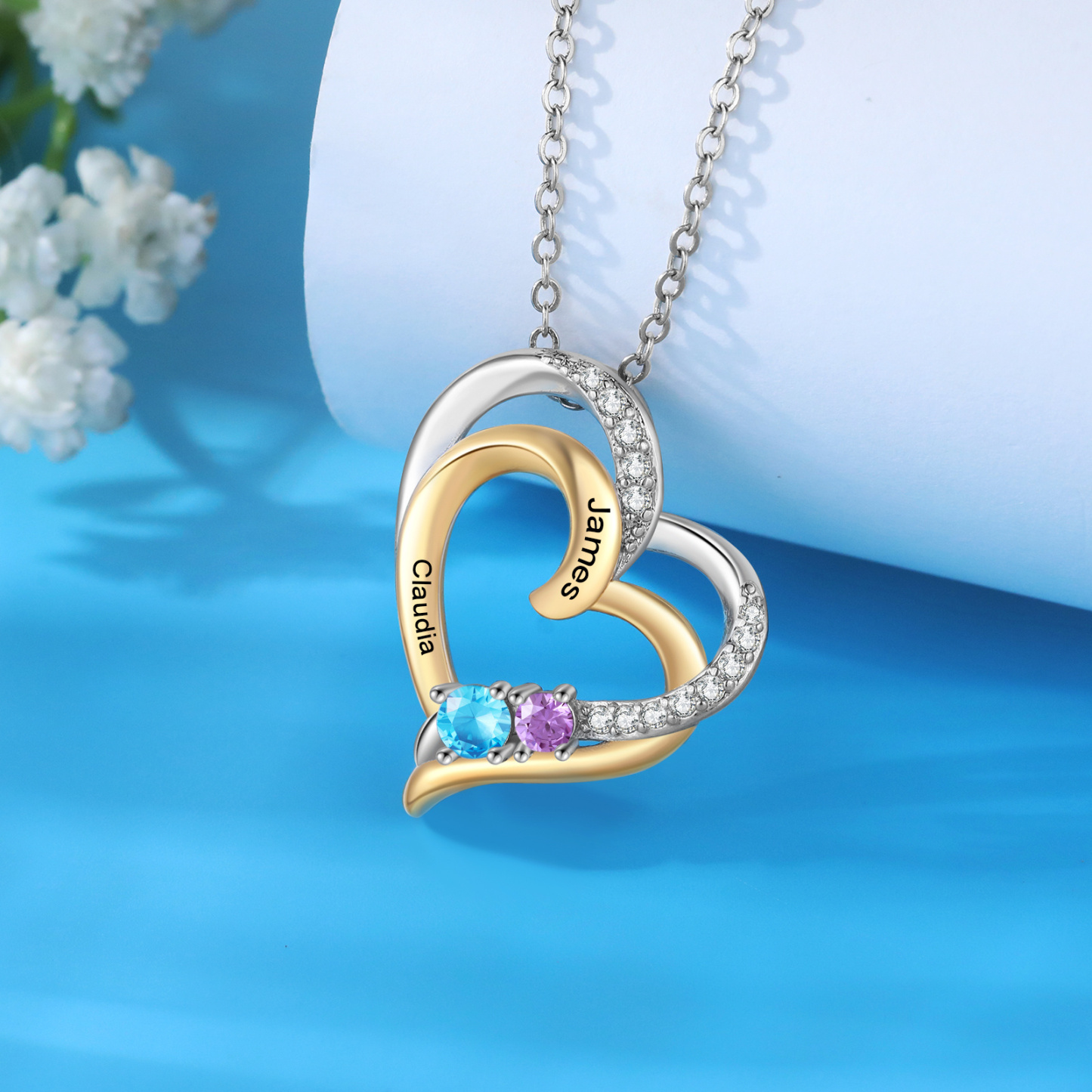 Personalised Double Heart Birthstone Necklace