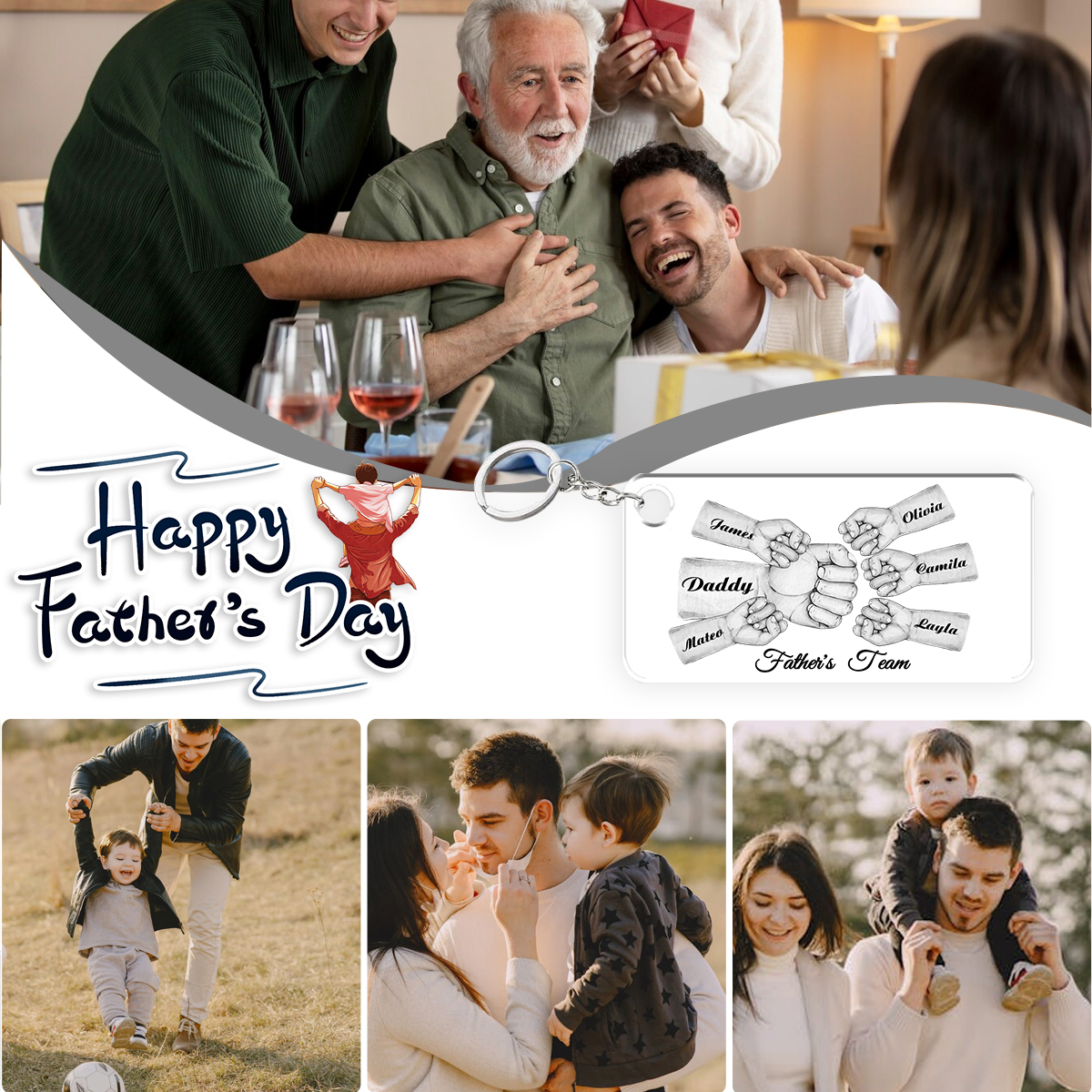 6 Names - Personalised Text & Name Acrylic Keychain Fist Bump Fathers Day Gifts for Dad/Grandpa-Jessemade AU