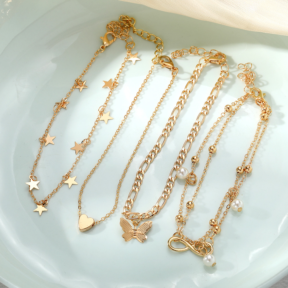 5 Layered Gold Anklet Set with Charms  Stars Butterfly Heart Anklets